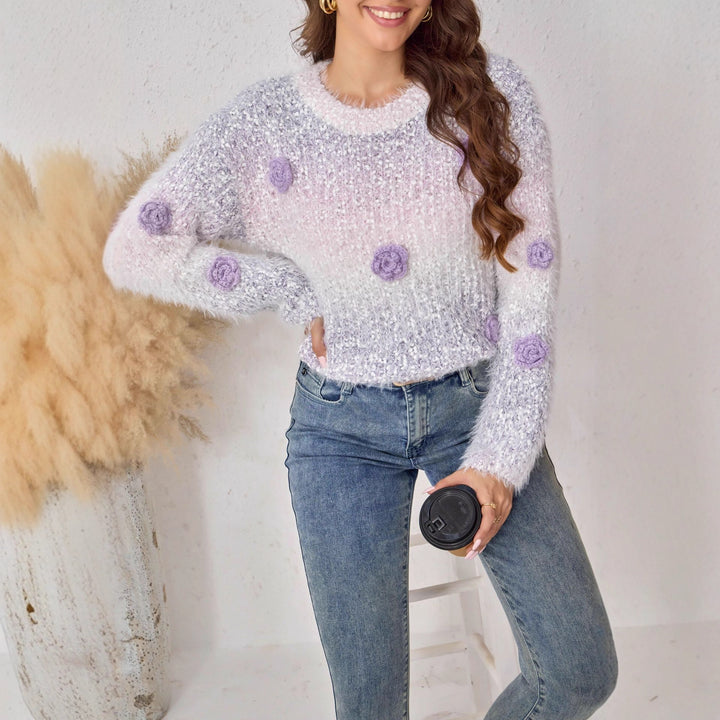 Kvinders fluffy striktrøje med blomstermotiv