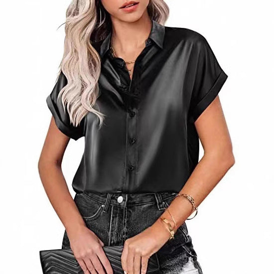 Dame Satin-bluse med overlappende skuldre Stilla