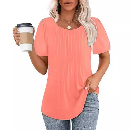 Dame T-shirt med feminin pufærmer og fine folder Stilla