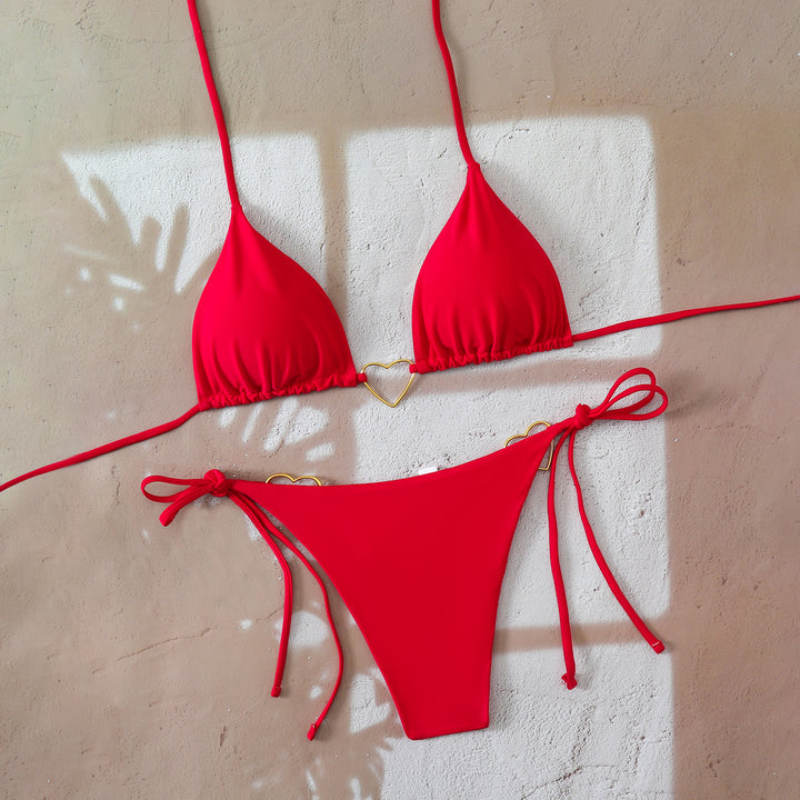 Dame Triangel-Bikini-sæt med hjerte-detalje og justerbare bindebånd Skovae