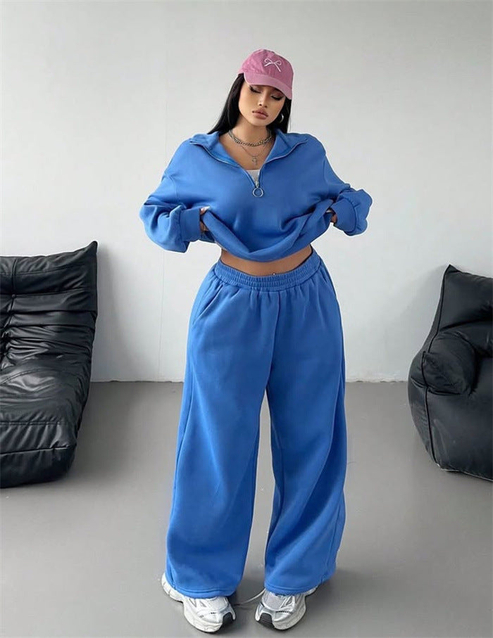 Dame sporty fleece loungewear sæt med høj krave og løs pasform Skovae