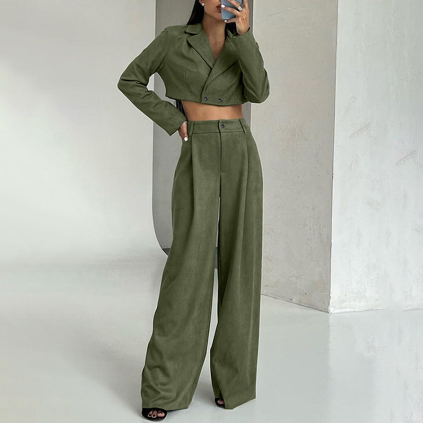 Dame Cropped Blazer og Vidde Bukser Sæt Stilla