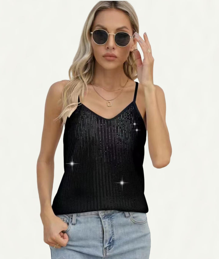 Dame glitrende spaghetti-stropbluse med glitrende tekstur og moderne snit Stilla