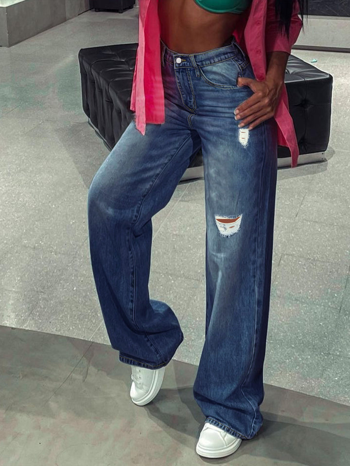 Dame bredskårne jeans i afslappet distressed-design med trendy revnedetaljer Stilla
