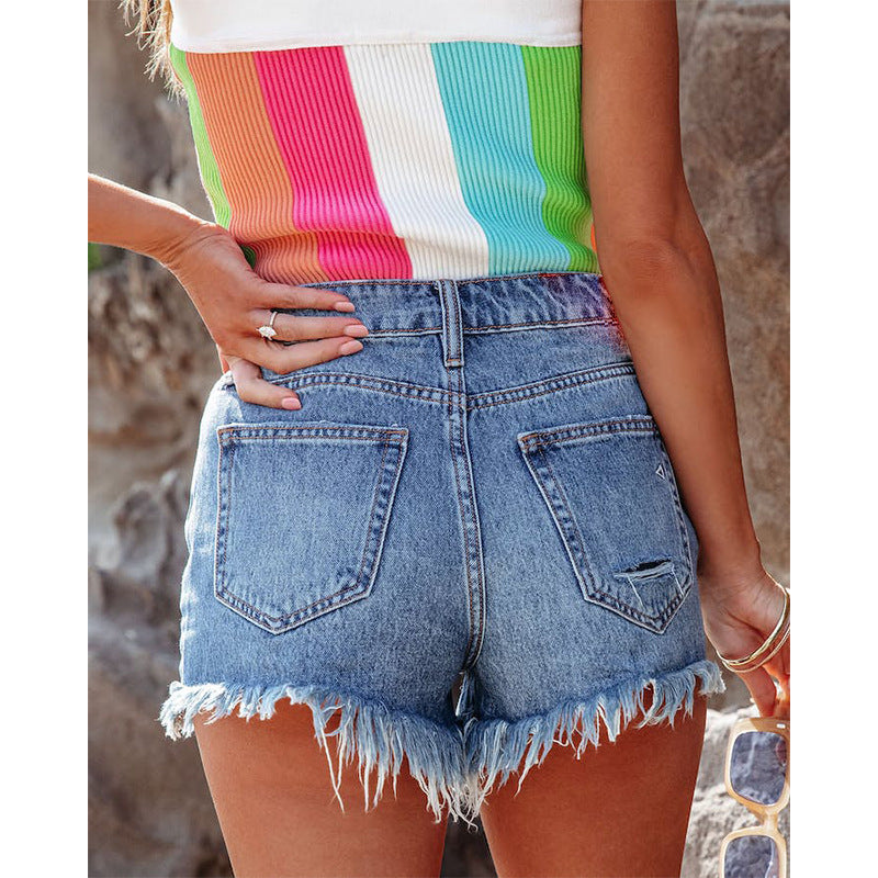 Dame Destroyed Denim-Shorts med høj talje og afslappet design Stilla