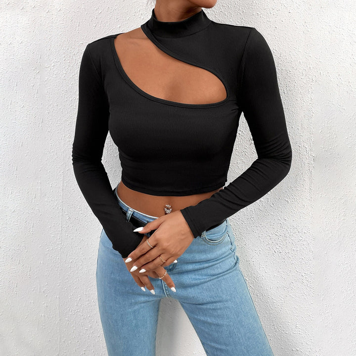 Kvinders langærmet crop top med asymmetrisk halsudskæring og elegant stående krave Stilla