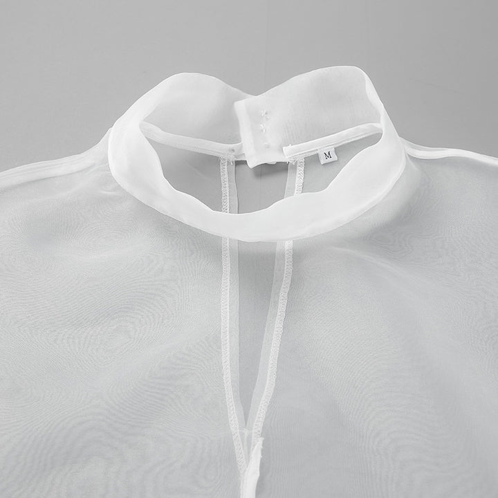 Dame Gennemsigtig Bluse med Puffærmer og elegant Ståkrave Stilla