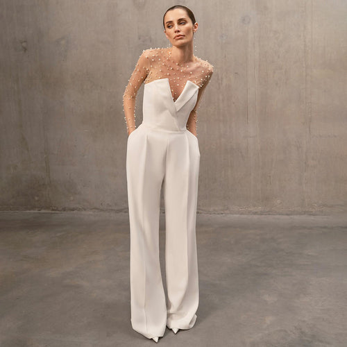 Damer elegant jumpsuit med gennemsigtige ærmer og perledekor Skovae