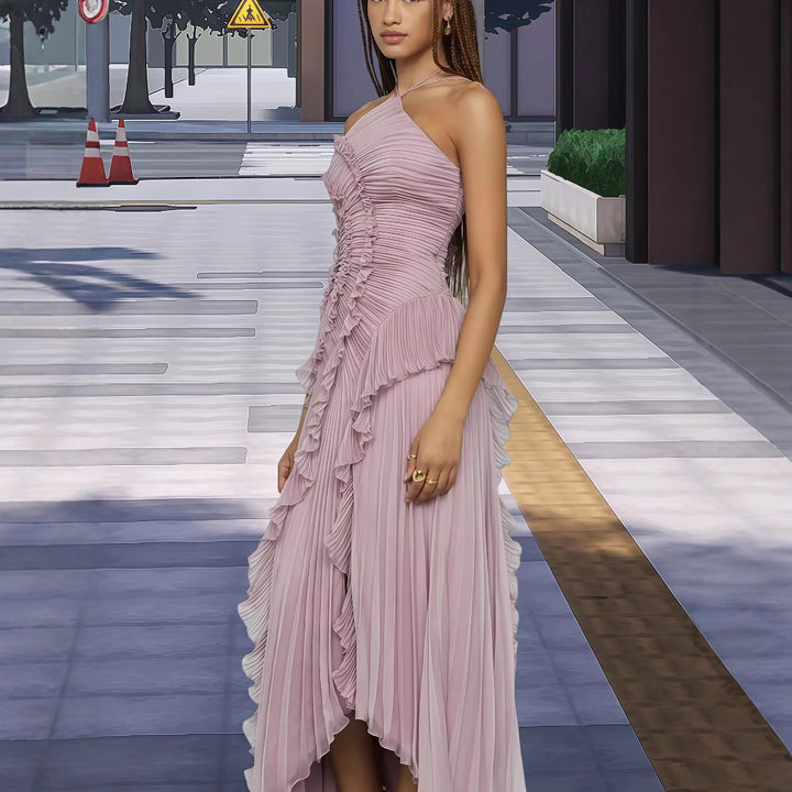 Dame Elegant Wrap Kjole med Flydende Plisseret Nederdel og Asymmetriske Rynkedetaljer