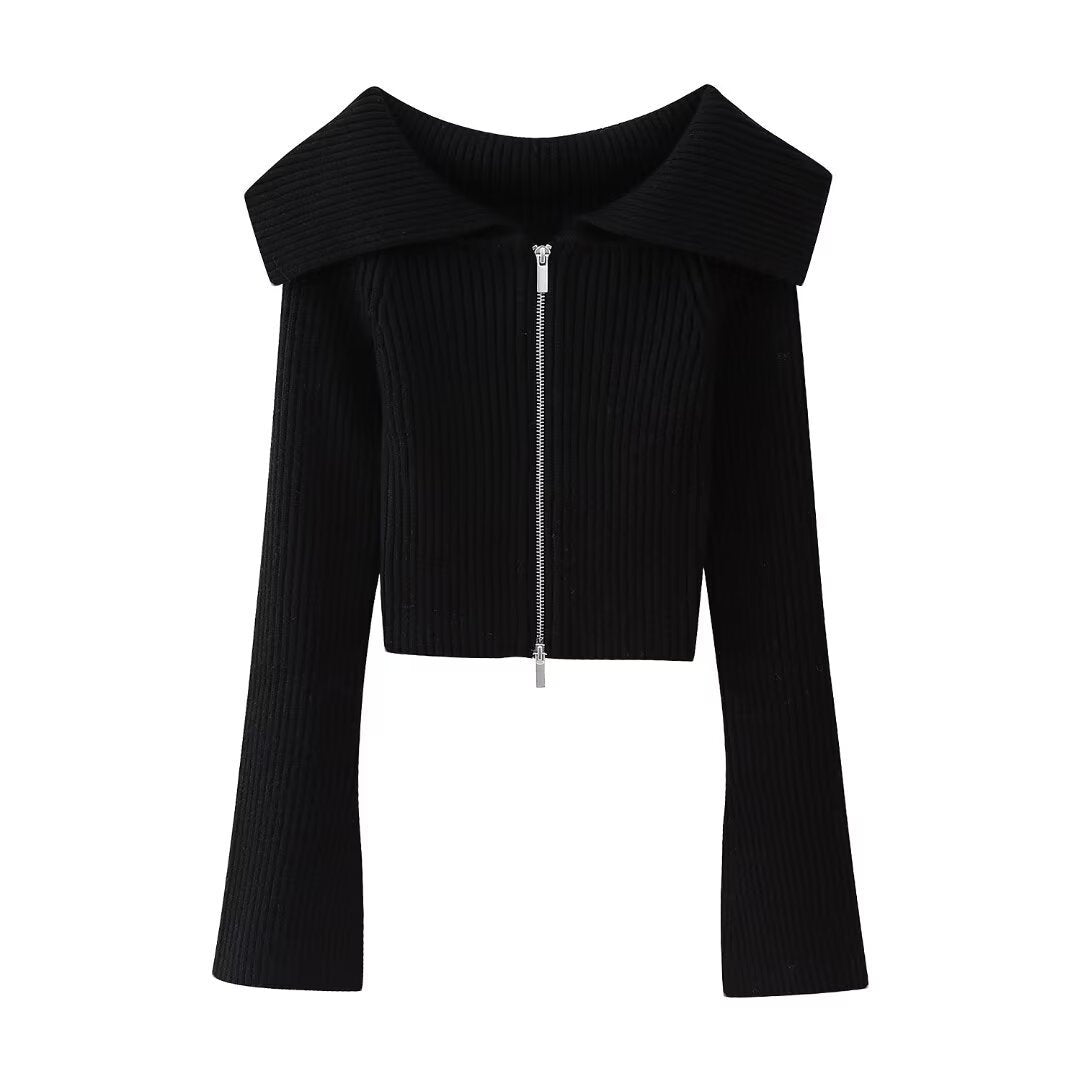 Dame Elegant Cropped-Jakke med bred Krave og Lynlås Stilla