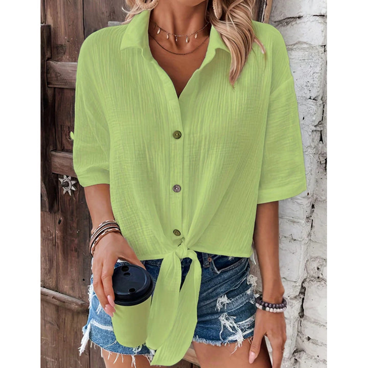 Dame casual knapbluse med knude foran Stilla