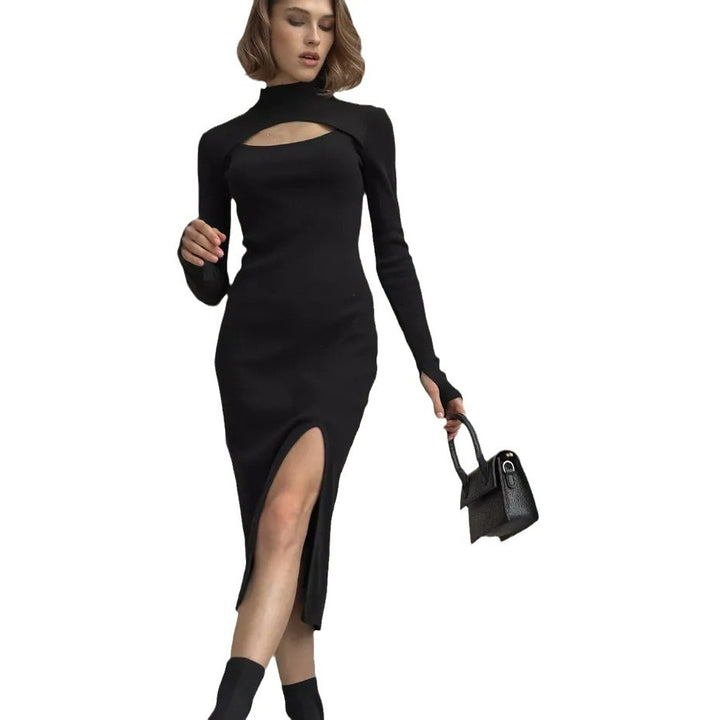 Dame figursyet strikkjole med elegant cut-out og høj slids Stilla
