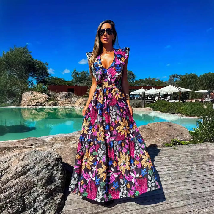 Dame maxikjole med voluminøse flæser og blomster mønster Stilla