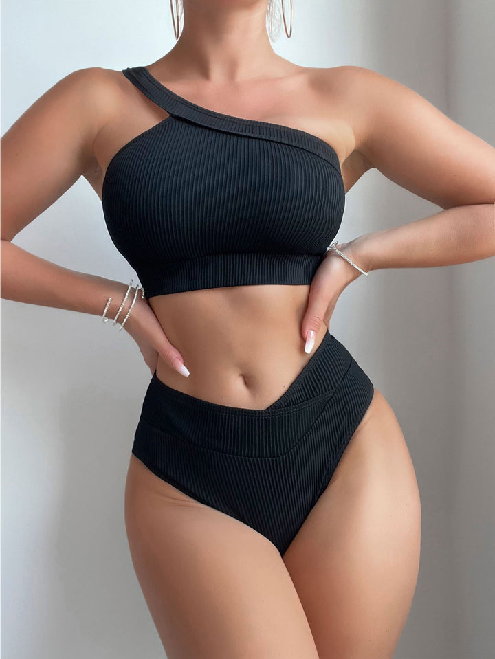 Kvinder Højtaljet Bikini-sæt med asymmetrisk top og struktureret materiale Stilla