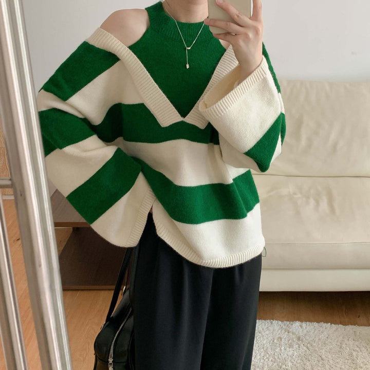 Femme Off-Shoulder Stribet Strikpullover Stilla