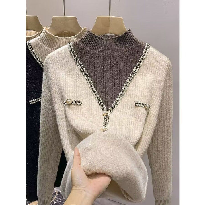 Dame mode V-hals pullover med glimmerdetaljer og knapper Stilla