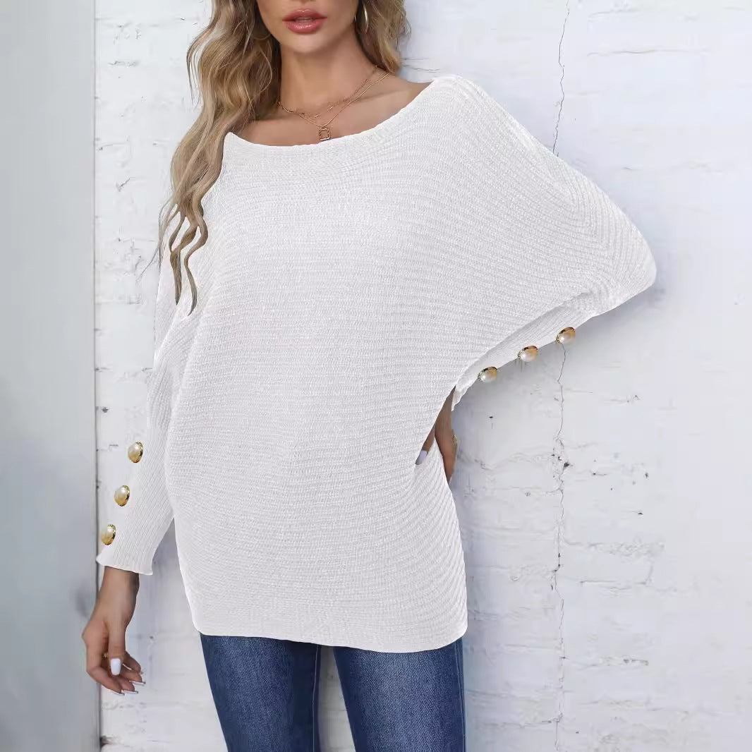 Dame Off-Shoulder Pullover med glitrende knapdetaljer Stilla