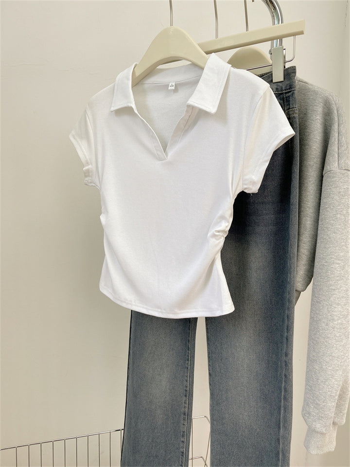 Femme Cropped Polo Stil Top med sidelæns rynkning 詳細 Stilla