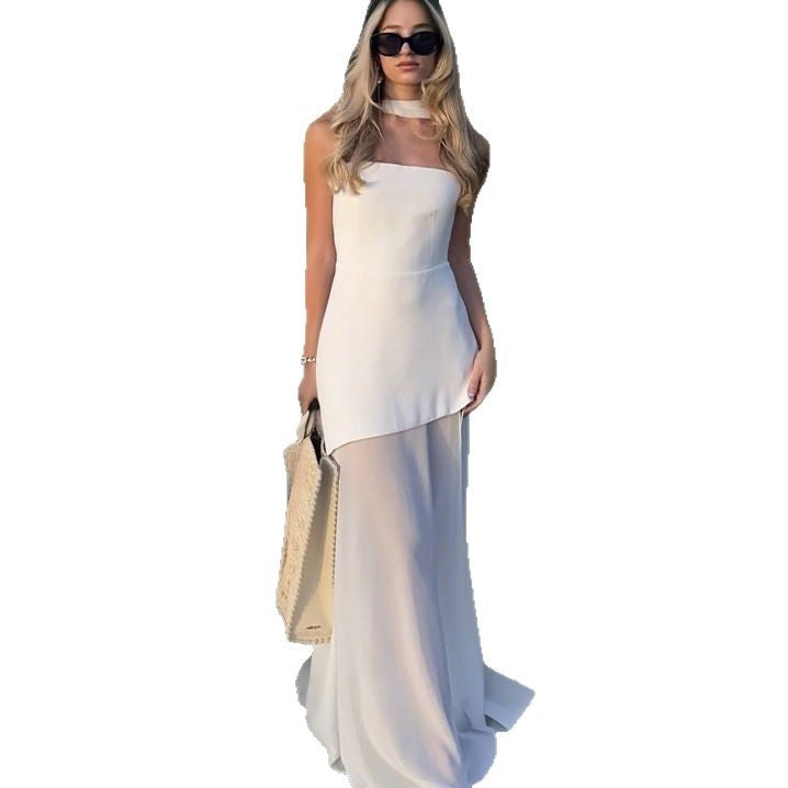 Dame skulderfri aften kjole med asymmetrisk snit og elegant drapering Skovae