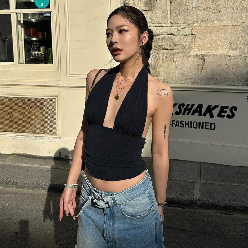 Dame Elegant Crop-Top med dyb V-udskæring og indpakningsdetaljer Skovae