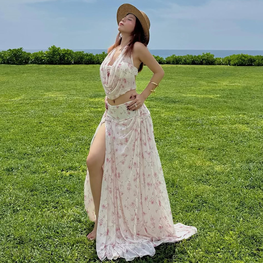 Dame to-delte sæt med blomsterdetaljer og luftigt design Skovae