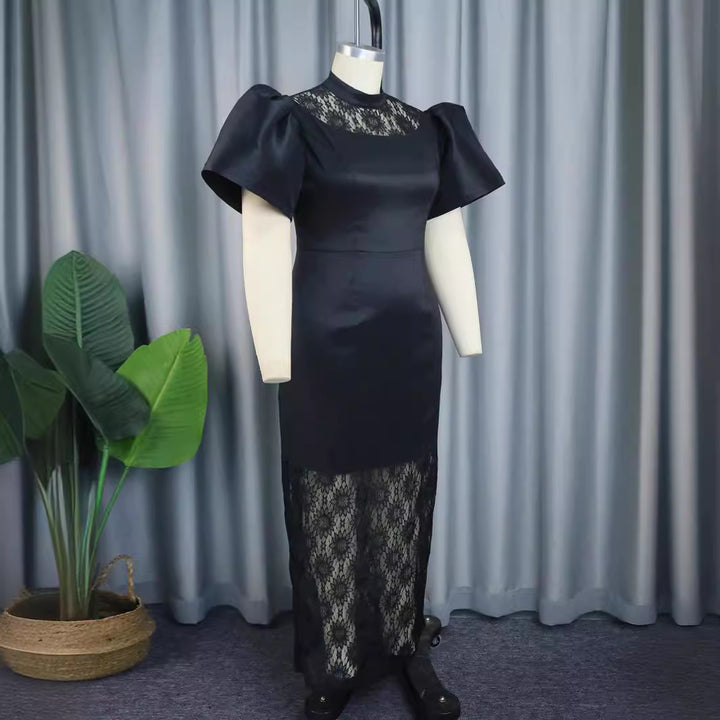 Dame Elegant Maksikjole med dekorative puffede ærmer og romantisk spidsbund Skovae