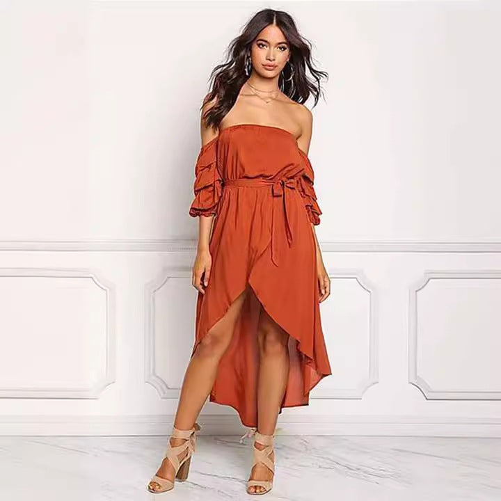 Dame Off-Shoulder Maxikjole med asymmetrisk kant og elegante puffærmer Stilla