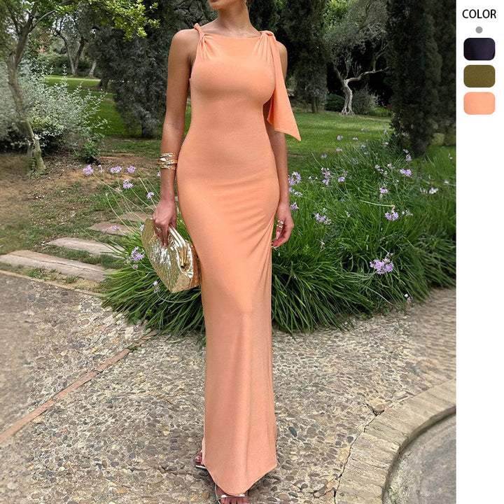 Women Elegant Maxi Dress with Asymmetrical Strap and Figure-Hugging Cut Stilla