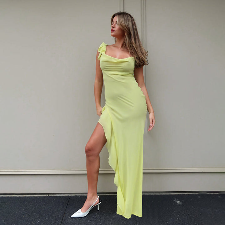 Dame Elegant Maxi-Kjole med asymmetrisk kant og flæsedetaljer Skovae