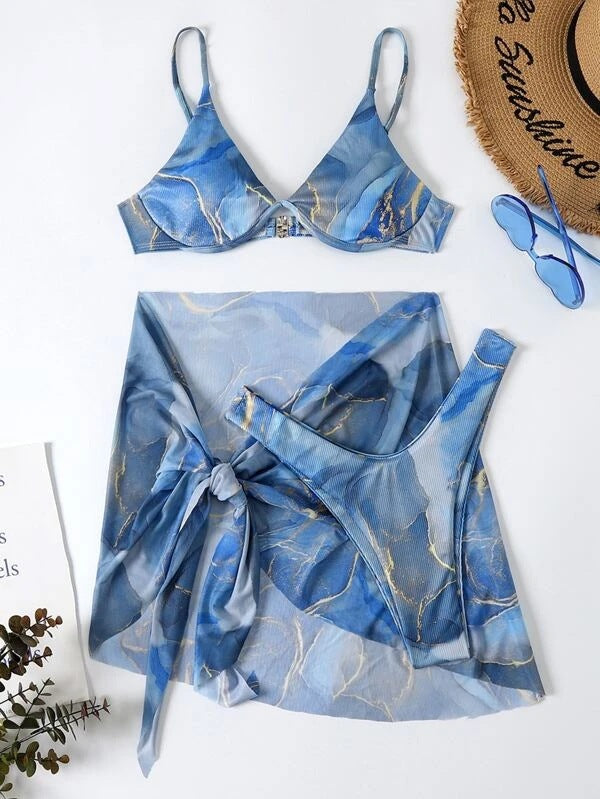 Dame Floral Print Bikini Sæt med matchende Wrap Skirt Stilla