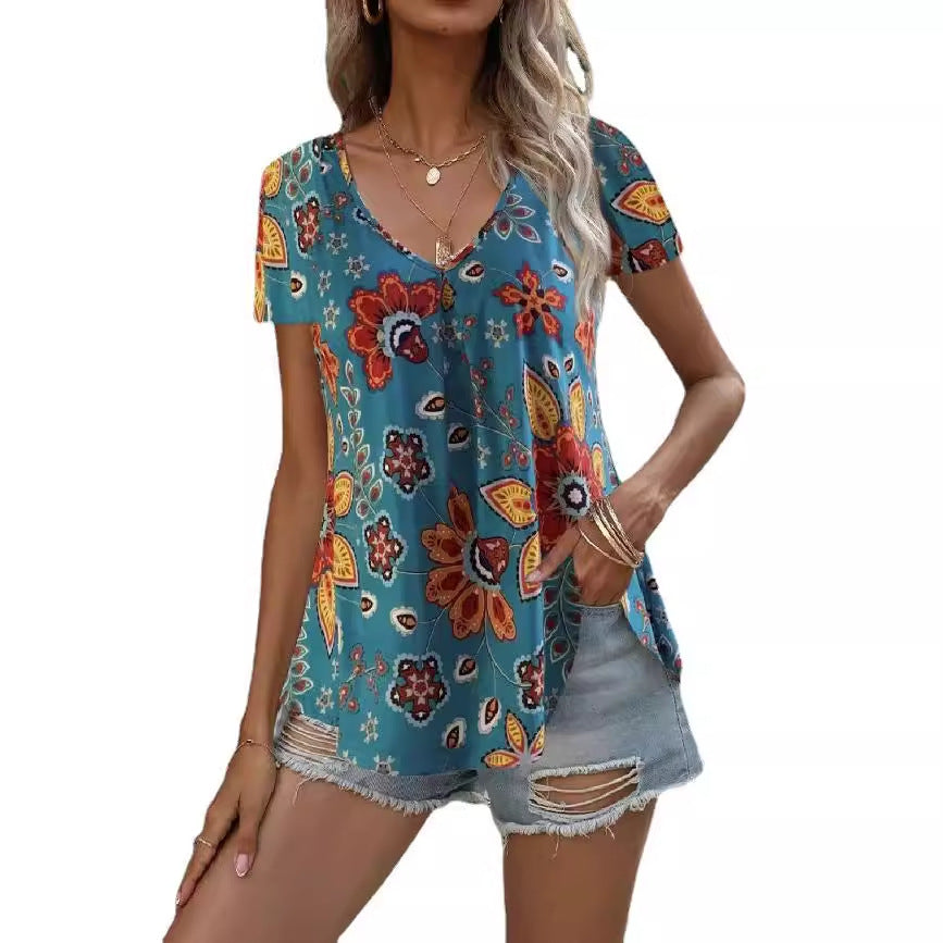 Dame lette kortærmet bluse med blomsterprint Skovae