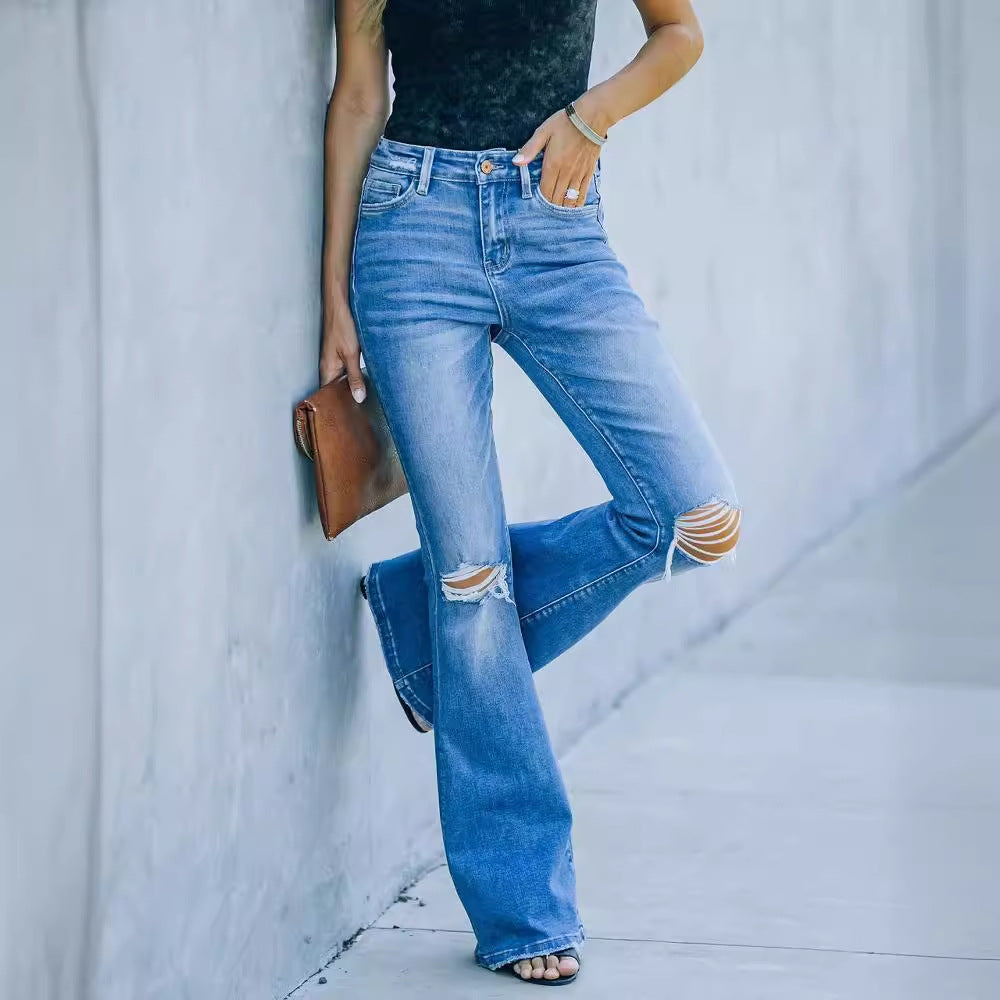 Dame Bootcut Jeans med afslappet Used-Look og høj talje Stilla
