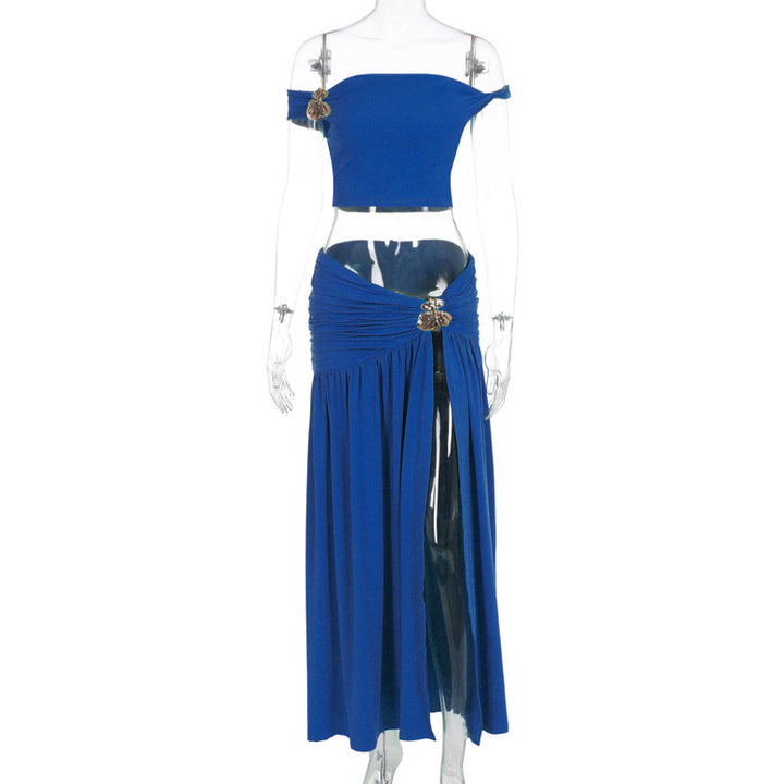 Dame Off-Shoulder Maxiskirt med figursyet Crop-Top og legende detalje Skovae