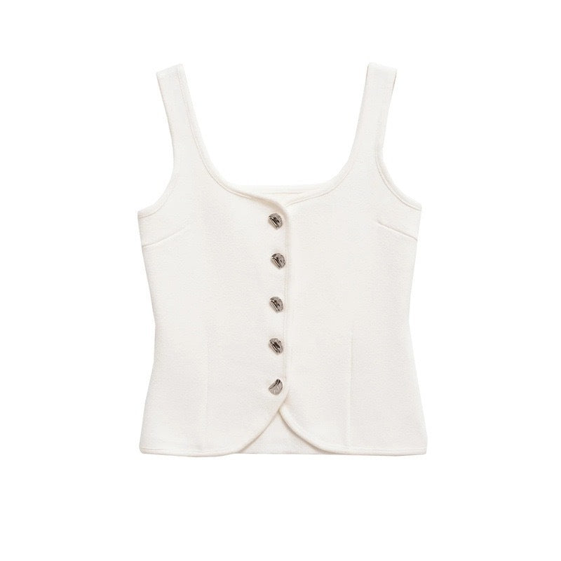 Femme Taljeret Kvadrat-Udskæring Knap-Op Crop Top Stilla