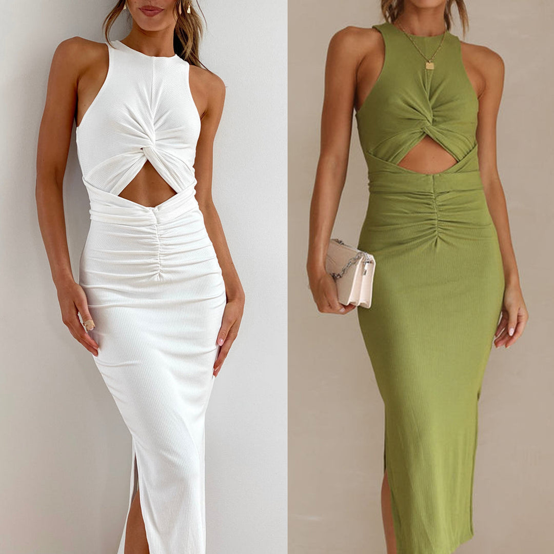 Dame Midi-Kjole med Cut-Out og Rynkning Stiila