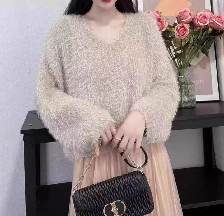 Femme V-hals Strukturstrik Pullover Sweater Stilla