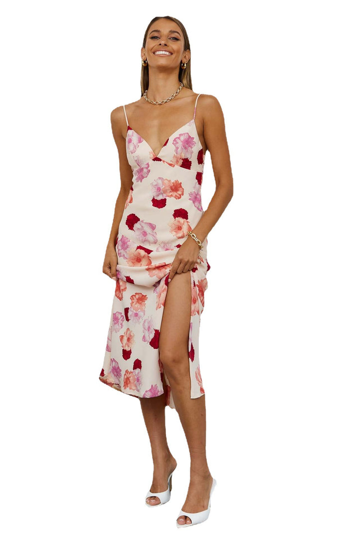 Dame Floral Print Vikkel-Midi-Kjole med Sideslids Stilla