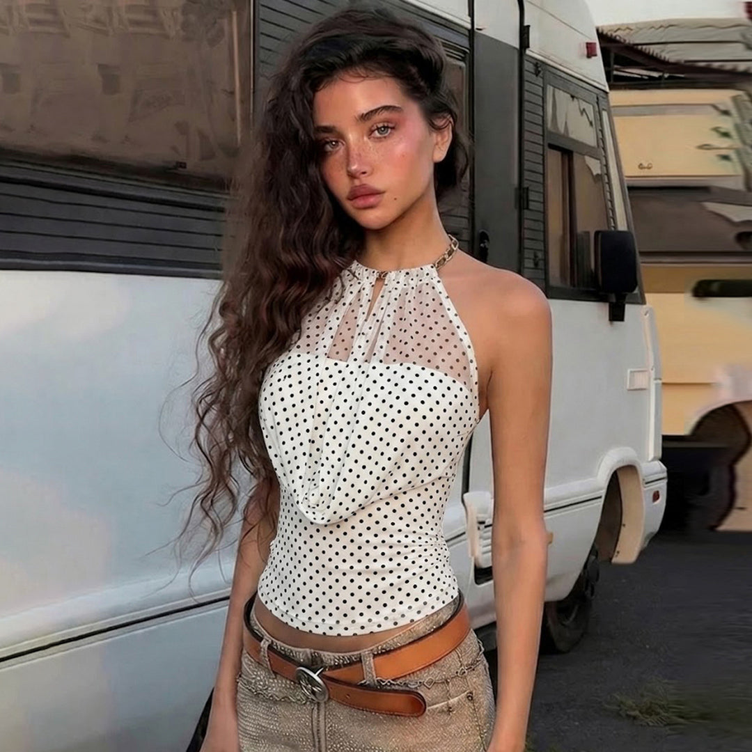 Dame Romantisk Haltertop med Rynker Skovae