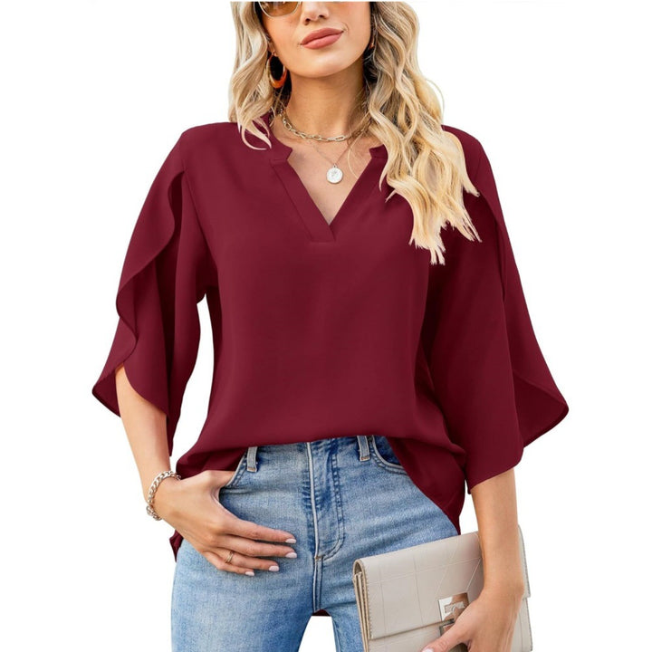 Dame Elegant Bluse med asymmetrisk ærme og V-udskæring Stilla