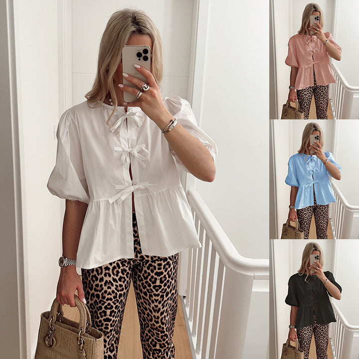 Dame Puffærmet Bluse med Sløjfe-detaljer og voluminøs Snit Stilla