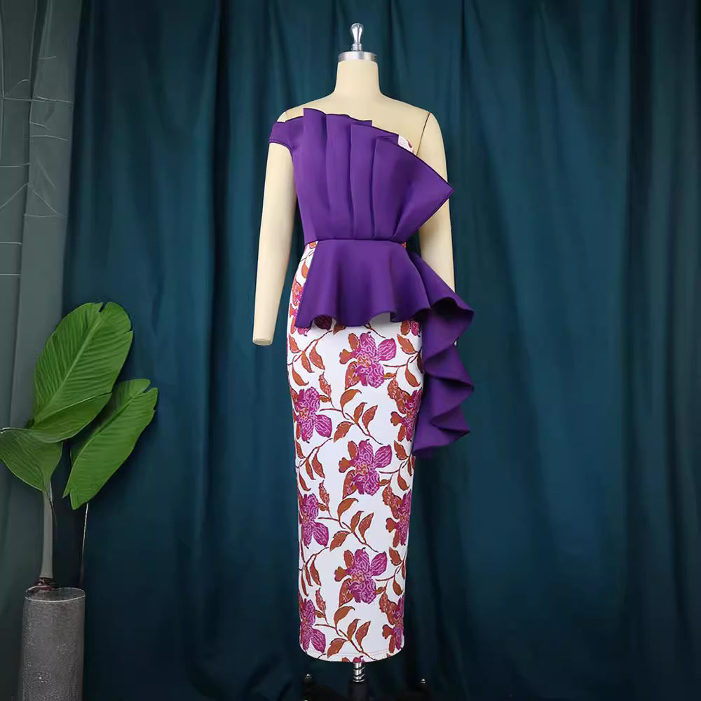 Dame elegant kjole med asymmetrisk flæse design og blomster mønstre Skovae