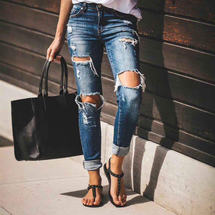 Dame Højtskårne Skinny Jeans med moderne Destroyed-detaljer Stilla