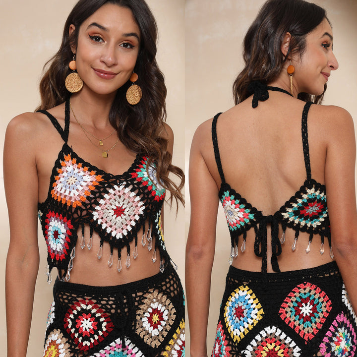 Dame hækle-bikini top med farverigt granny-square mønster og glitrende frynser Stilla