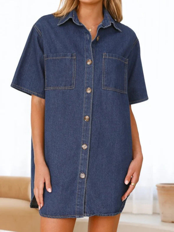 Dame jeans skjortekjole med korte ærmer og praktiske brystlommer Stilla