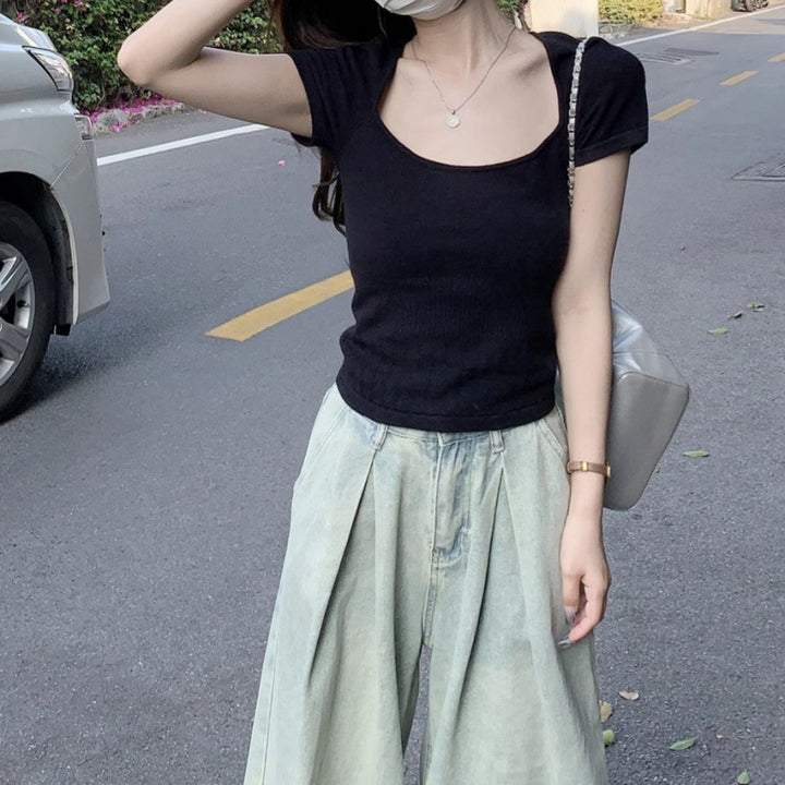 Femme Ribbet Kort Ærme Crop Top Stilla