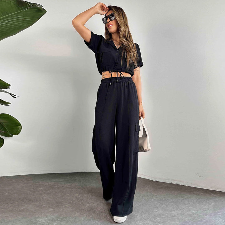 Dame Mode To-delt Sæt med vide Benstriber og cropped Bluse Stilla