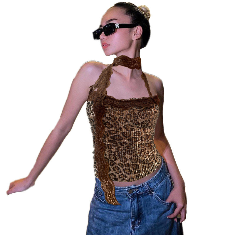 Dame Glitrende Leopard-Bustier-Top med Rüschendetaljer og justerbar bøjle Stilla