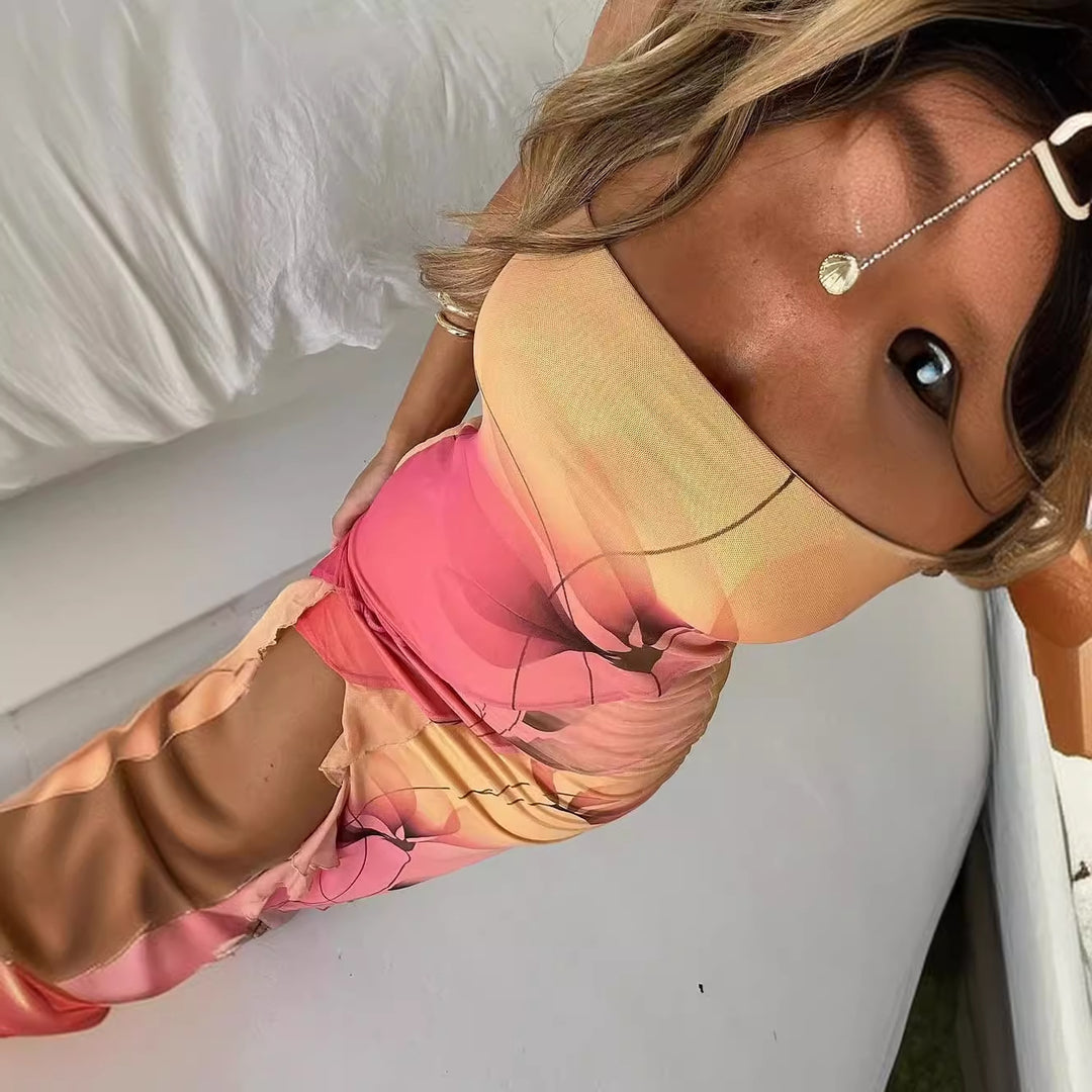 Kvinders Bandeau Maxi Kjole med Elegante Volanter og Høj Slids
