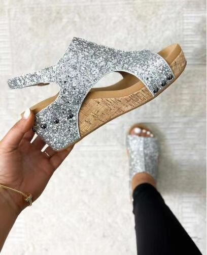 Dame Wedge-Pantoletten med glimrende glimmermateriale og anatomisk fodseng Stilla
