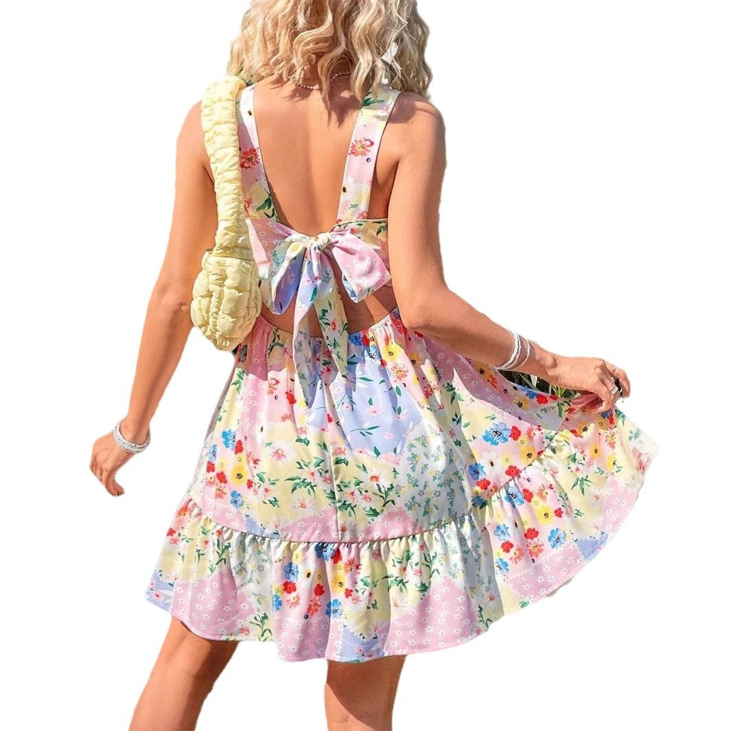 Dame sommerligt fritidskjole med blomsterpatchwork-design Stilla